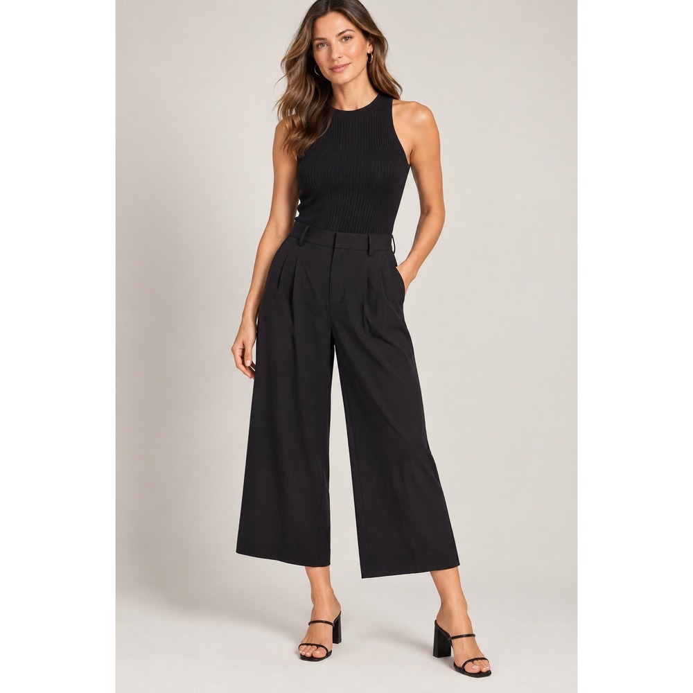 Laundry by Shelli Segal Black Pleated Wide Leg Cropped Trousers Pants Medium